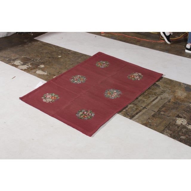 Traditional Handmade Antique Needlepoint Rug in Red With Medallion Floral Patterns For Sale - Image 3 of 8