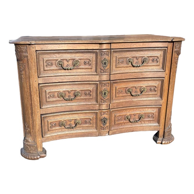 19th Century Carved Bell Flower European 3 Draw Chest Commode Dresser Brass Pull For Sale