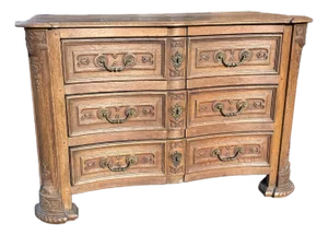 19th Century Carved Bell Flower European 3 Draw Chest Commode Dresser Brass Pull