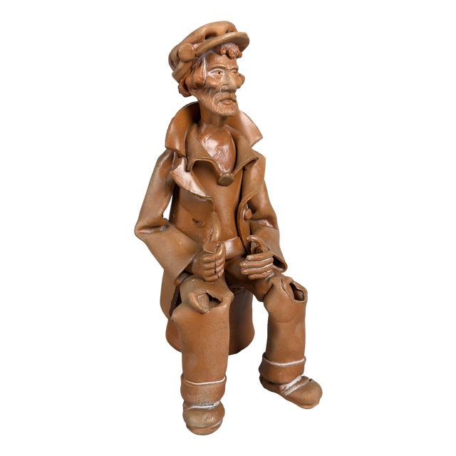 Artisanal Italian Terracotta Sculpture of Man with Pipe, Apulia, 20th Century For Sale