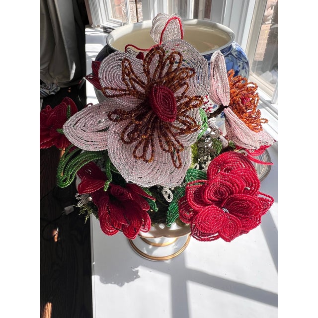 1950s Beautiful Limoges porcelain compote with large French glass seed bead flowers // reticulated compote with gilt accents // Made in France For Sale - Image 11 of 12