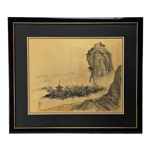 Chinese Silk Shan-Shui Landscape With Temple and Mountain, Signed and Sealed