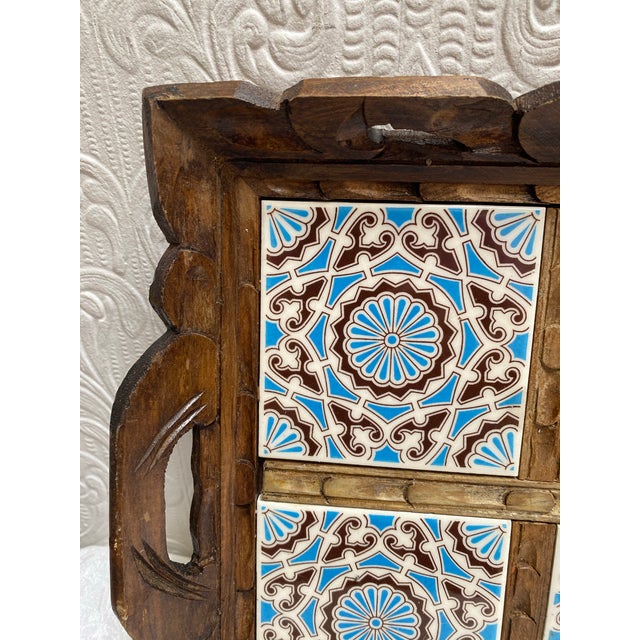 Vintage Hand Carved Wood Talavera Tiles Mexico Charcuterie Tray For Sale - Image 4 of 8