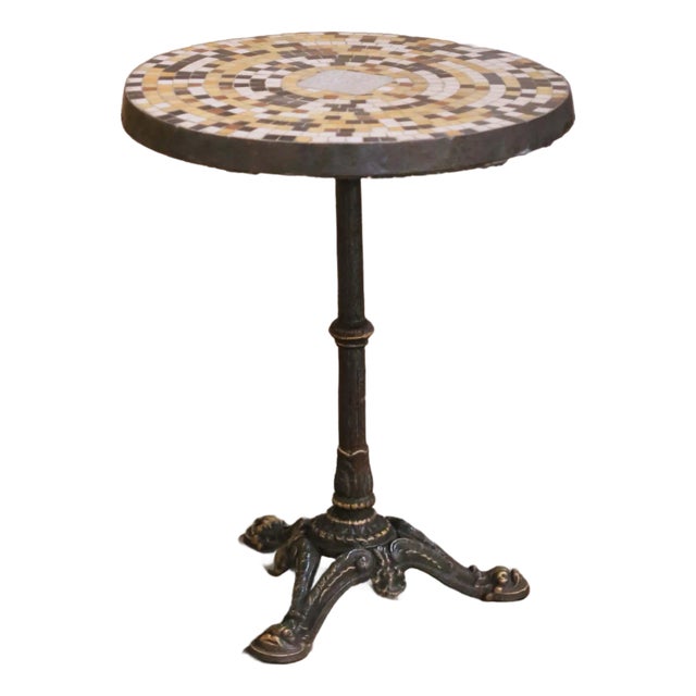 19th Century French Bistro Guéridon Table With Mosaic Top and Iron Base For Sale