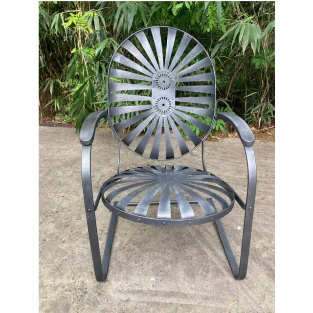 no maker’s mark Francois Carre Cantilever Garden Rocker. darker metallic gray and beautiful antique strap iron garden...