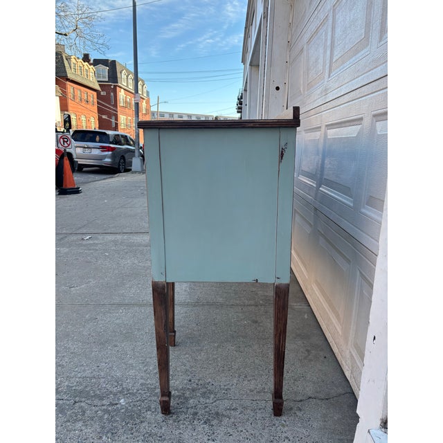 Farmhouse 1920s Painted Sideboard Buffet | Antique Bow Front Server | Hepplewhite Revival Cabinet | Blue Wood Credenza | Farmhouse Cottage Wood Buffet For Sale - Image 3 of 12