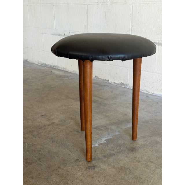 Wood Teak Round Tripod Footstool Ottoman With Black Upholstery Danish Mid-Century Modern 1960s For Sale - Image 7 of 8