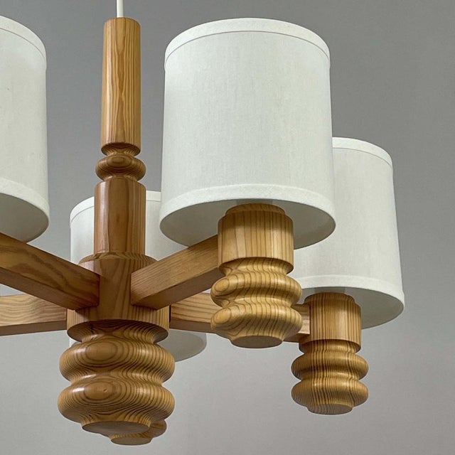 Scandinavian Pine & Fabric 5-Light Chandelier, Sweden, 1970s For Sale - Image 16 of 17