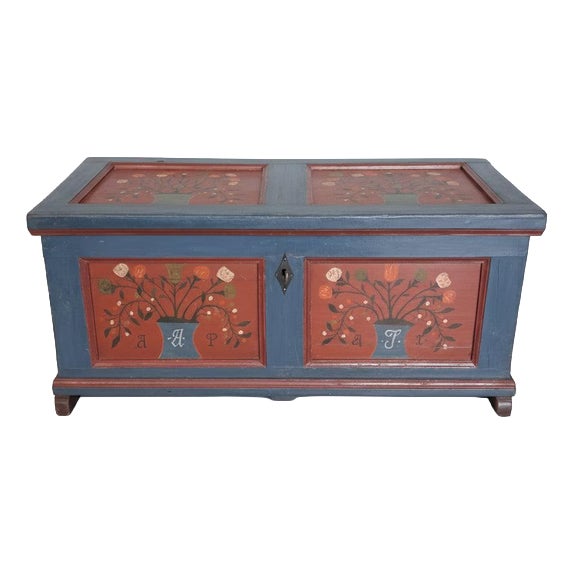 Antique Farmers Chest with Floral Folk Painting, 1800s For Sale