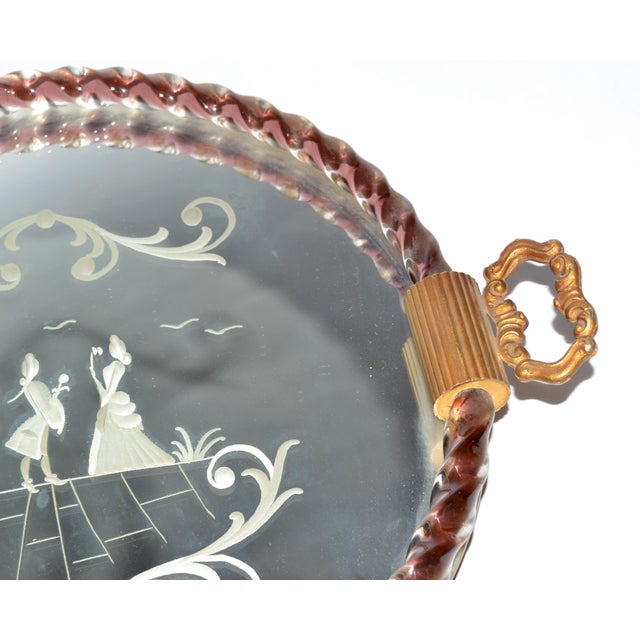 1950s Round Venetian Etched Rope Burgundy Art Glass Mirrored Tray Bronze Handles For Sale - Image 12 of 18
