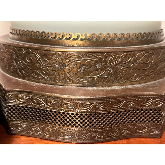 1930s Victorian Neoclassical Celadon Glass Table Lamps With Gold Accents and Detailed Filigree Ormolu Bases, a Pair For Sale - Image 10 of 11