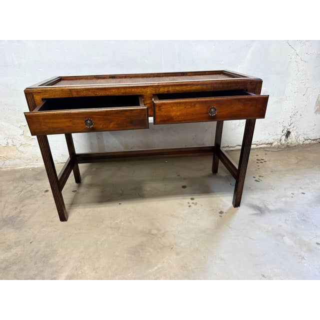 Brown Vintage Chinioiserie Style Glass Rattan Top 2 Tier Console Table Desk For Sale - Image 8 of 14