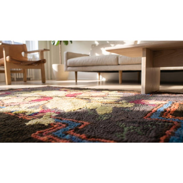 Adorable Brown Background Color Peculiar Flower Geometric Design Antique American Hooked Rug For Sale - Image 11 of 12