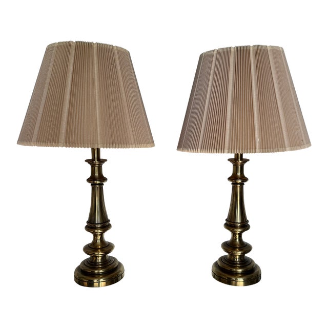 Vintage Stiffel Hollywood Regency Solid Brass Table Lamps w/ Shade – a Pair For Sale
