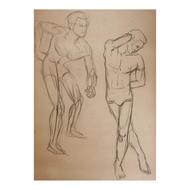 Vintage 1950s Male Charcoal Action Study Drawing For Sale
