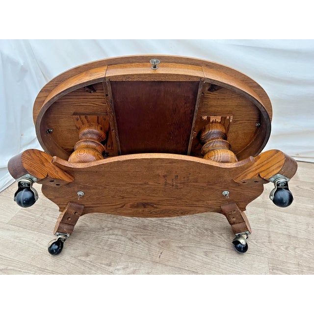 Oval Coffee Table Tiger Oak, Center Drawer, Shelf, Empire Style, Caster Wheels For Sale - Image 13 of 13