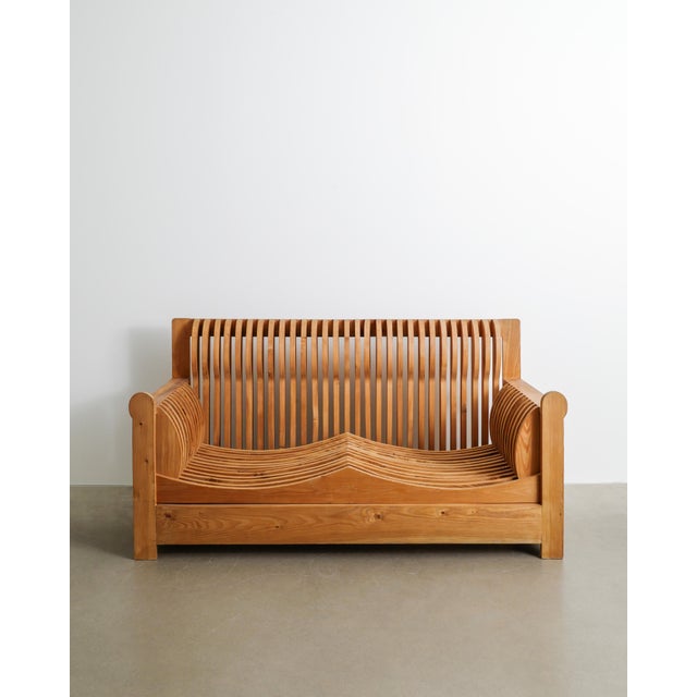 Rare italian mid century "acqua e terra" two seater sofa in russian pine wood by mario ceroli from the " mobili nella...