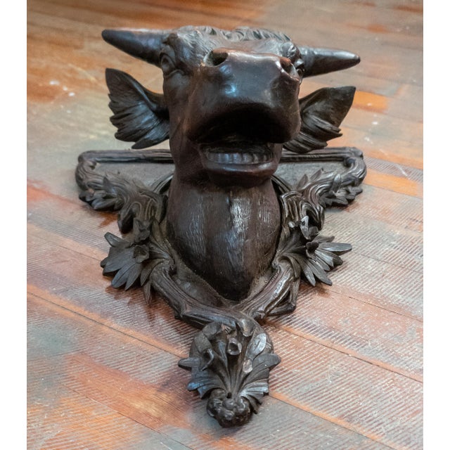 Wood 19th Century German Carved Black Forest Walnut Head of a Bull Cow For Sale - Image 7 of 18