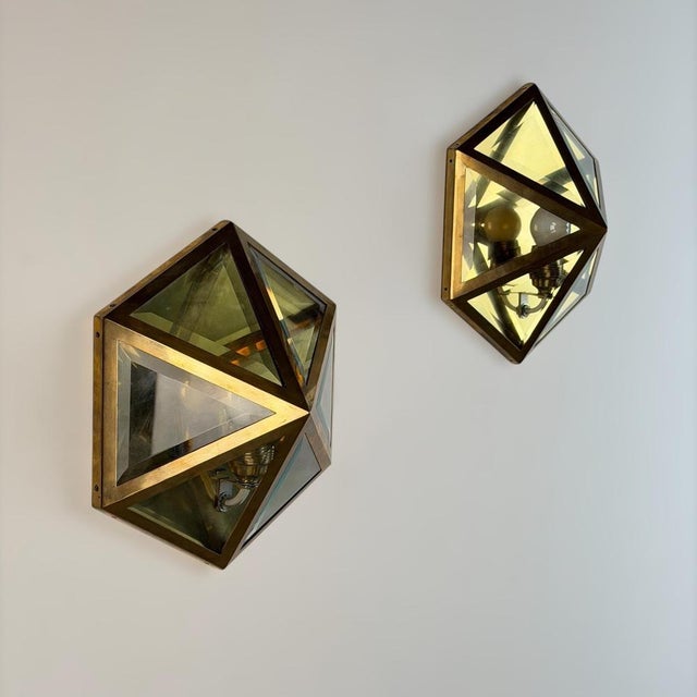 Metal Hexagonal Brass and Beveled Glass Wall Sconces by Josef Hoffmann, 1970s, Set of 2 For Sale - Image 7 of 18
