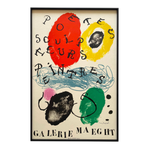 Joan Miro Vintage 1960 Mid Century Modernist Fine Art Lithograph Print " Poetes-Sculpteurs-Peintres " Framed Paris Exhibition Poster