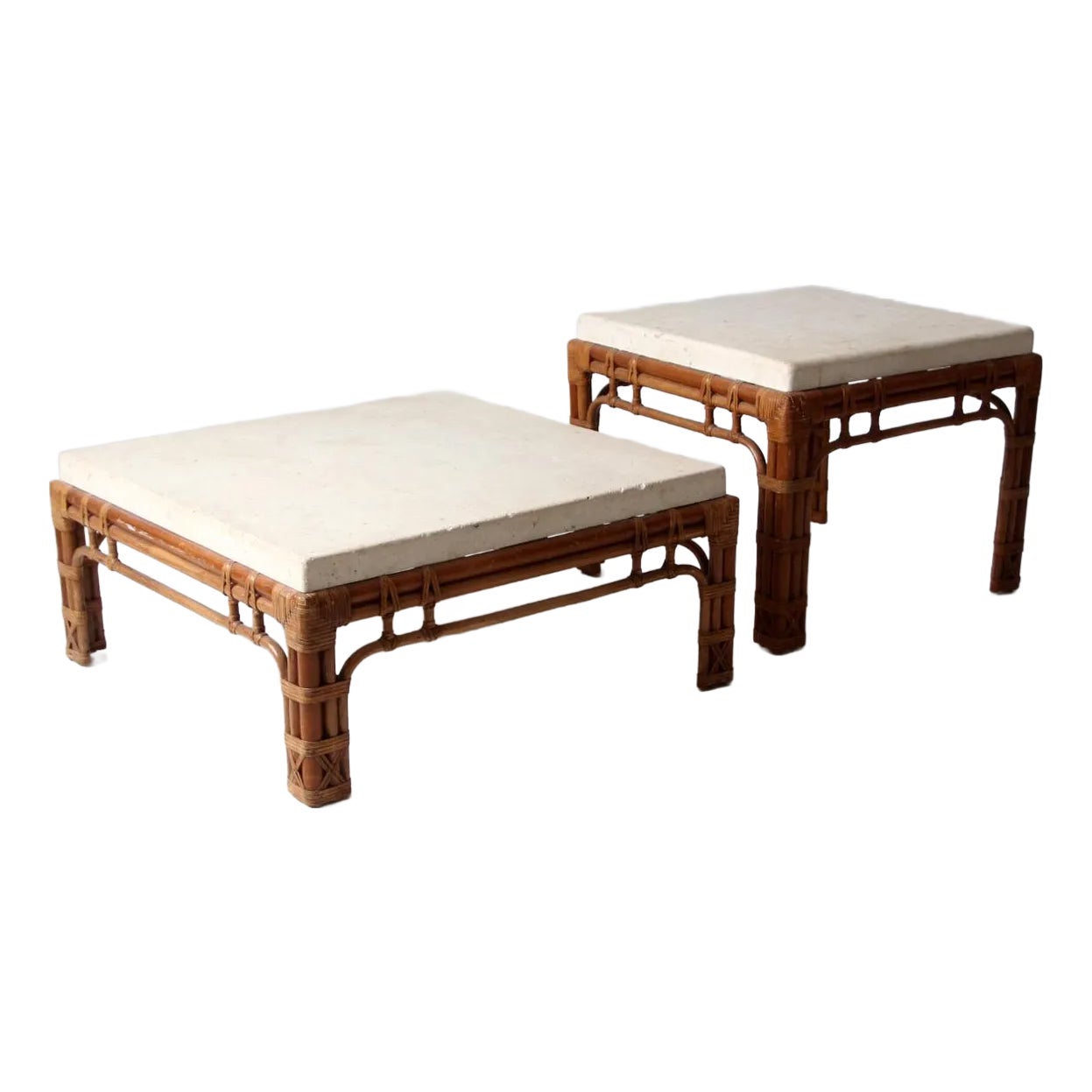 Vintage Stone and Rattan Table Set | Chairish