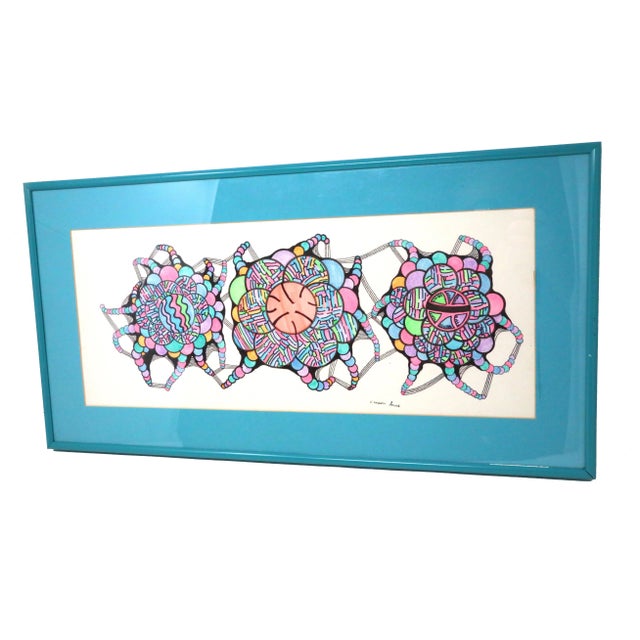 A vintage, hand-drawn illustration, combining geometric and abstract themes with neon colors. Signed "C.C. Paucchi".