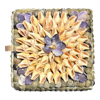 Vintage Handmade Shell Art Box With Floral Mosaic Lid | Coastal Boho Decorative Storage For Sale