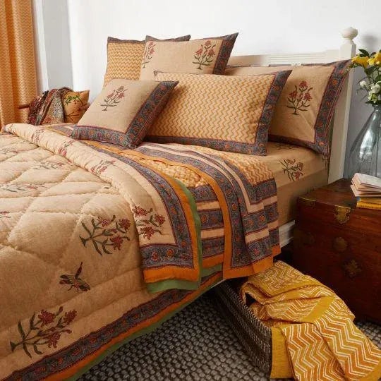 Indian Dragonfly Twin-XL Mustard Yellow Reversible Quilt For Sale - Image 3 of 5