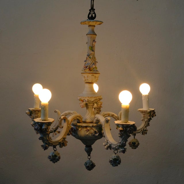 5-Arm Capodimonte Chandelier with Floral Decor, 1960s For Sale - Image 6 of 17