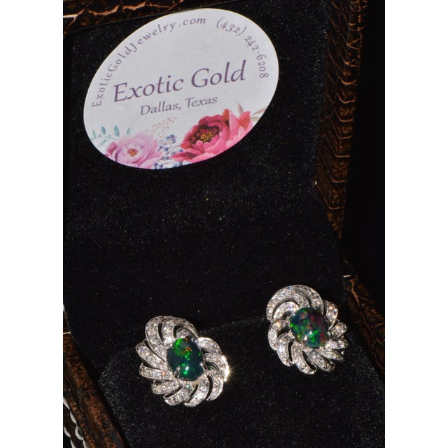 Certified Natural 3.45Cts vs F Diamond Black Opal 18k Solid Gold Cocktail Swirl Earrings - 2 Pieces For Sale - Image 10 of 10