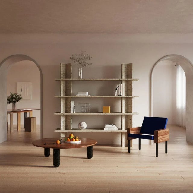 Wood Round Sunday Coffee Table in Walnut and White Marble by Jean-Baptiste Souletie For Sale - Image 7 of 8