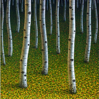 The Darkening Woods by Thane Gorek | Oil on Board Forest scene with white birch trees and green grass. For Sale