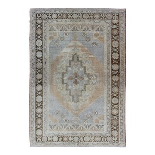 Periwinkle Blue and Tan Vintage Hand Knotted Turkish Oushak Rug With Layered Medallion For Sale