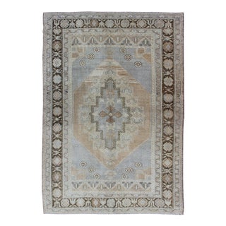 Periwinkle Blue and Tan Vintage Hand Knotted Turkish Oushak Rug With Layered Medallion For Sale