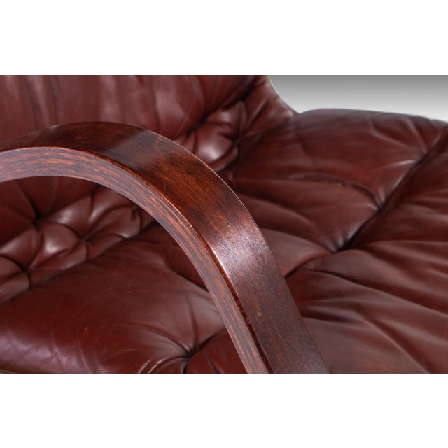 1970s 1970s Vintage Koivutaru Bentwood Chair & Ottoman in Afromosia and Oxblood Red Leather by Esko Pajamies for ASKO For Sale - Image 5 of 13