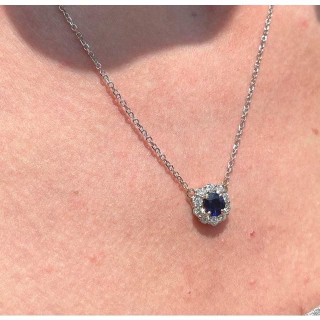 2020s Sapphire Pendant Necklace With Earth Mined Diamonds in Solid 14k Gold, Round 6mm For Sale - Image 5 of 9