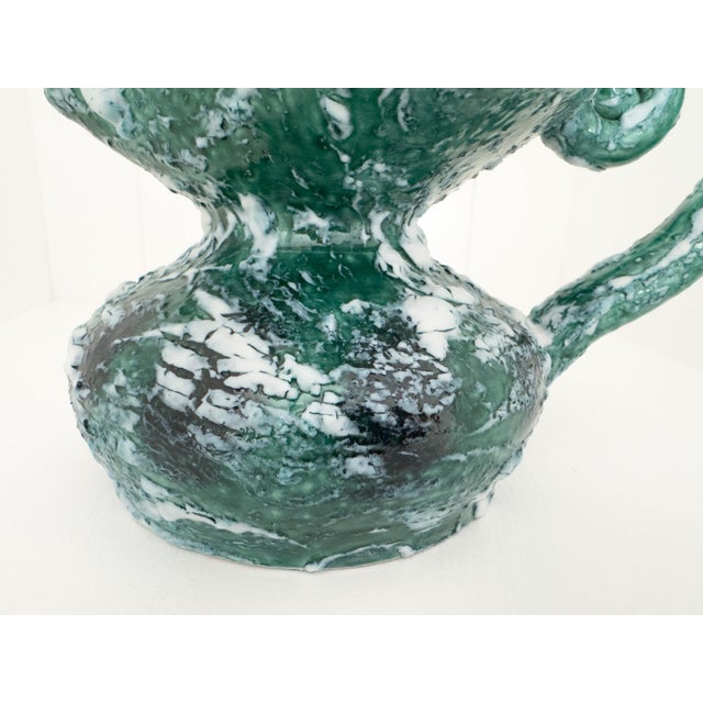 Vintage Sculptural Green Lava Glaze Ceramic Ewer With Scroll Handle For Sale - Image 6 of 18