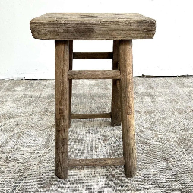 Wood Early 20th Century Vintage Elm Wood Stool For Sale - Image 7 of 11