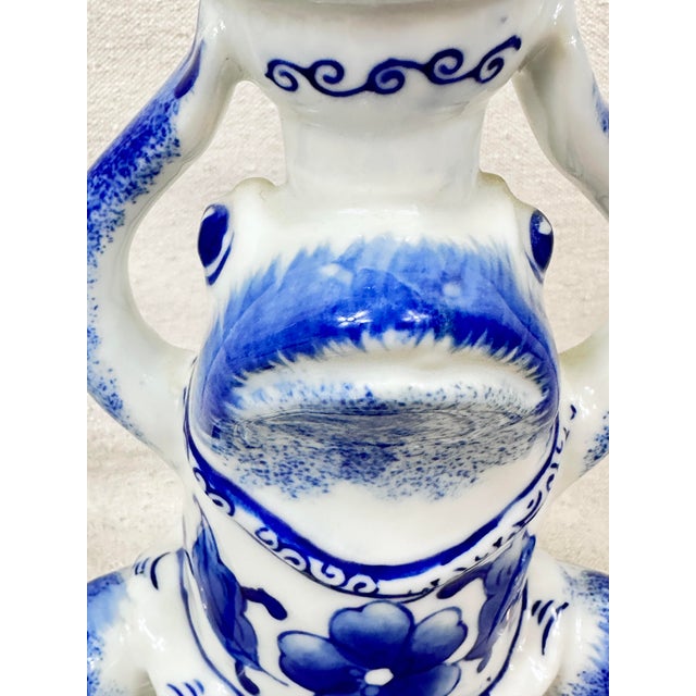 Chinoiserie Vintage Blue and White Frog Taper Candle Holder For Sale - Image 3 of 8
