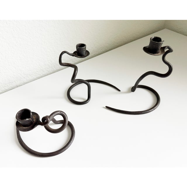 Mid 20th Century Brutalist Iron Squiggle Candle Holders - Set of 3 For Sale - Image 5 of 9