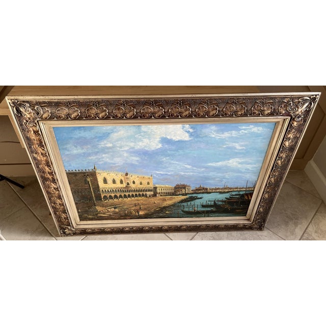 Sky Blue 1960s Large Framed Venice Gondola Original Oil Painting on Canvas For Sale - Image 8 of 13