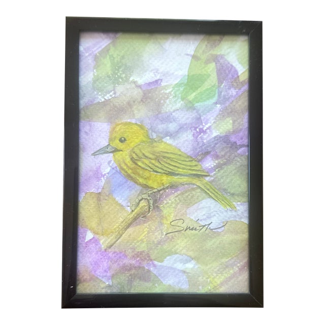 “Yellow Warbler and Wisteria” Framed Original Watercolor by Nancy Smith For Sale