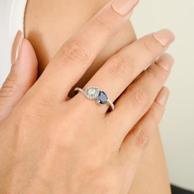 Not Yet Made - Made To Order 14k Gold Blue Sapphire Diamond Toi Et Moi Wedding Ring Size 5.5 For Sale - Image 5 of 11