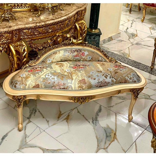 Rococo French Rococo Sky Blue Settee – Gold Leaf Frame, Ornate Cherub Top, Damask Upholstery For Sale - Image 3 of 4