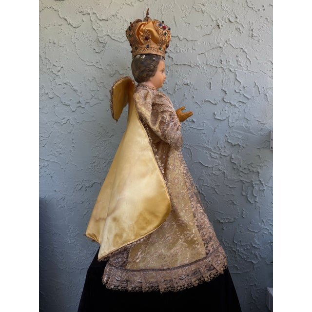 Textile Vintage Child Jesus of Prague Religious Statue With Crown & Embellished Lace Robes For Sale - Image 7 of 12