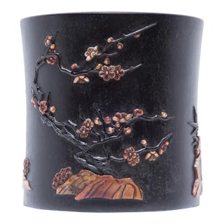 Chinese Hardwood Brush Pot With Stone Inlay, C. 1900 For Sale