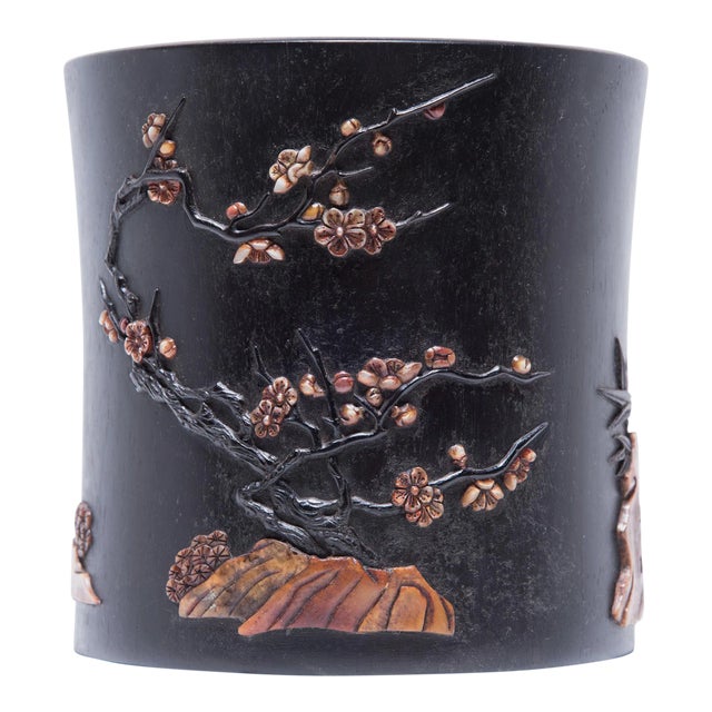 Chinese Hardwood Brush Pot With Stone Inlay, C. 1900 For Sale