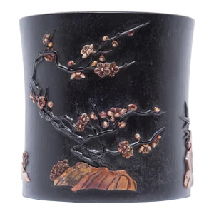 Chinese Hardwood Brush Pot With Stone Inlay, C. 1900