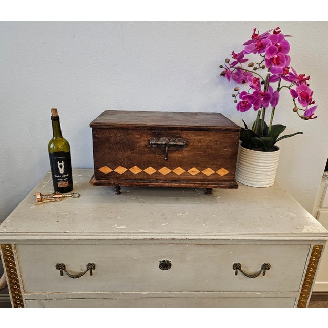 Spanish Colonial Era Antique Diamond Parquetry Inlaid Cedar Chest Box or Trunk For Sale - Image 12 of 12