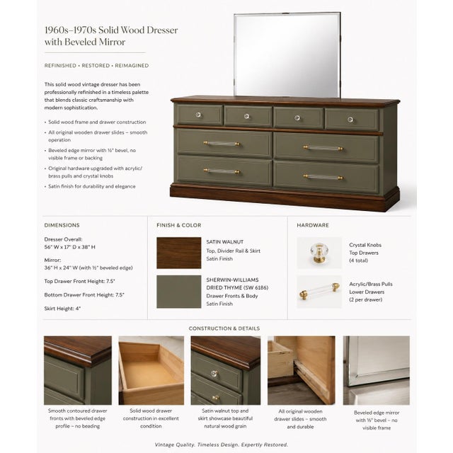 Contemporary Restored 1960s American Solid Wood Dresser With Frameless Beveled Mirror | Old Chapel Sagewood™ Finish For Sale - Image 3 of 7